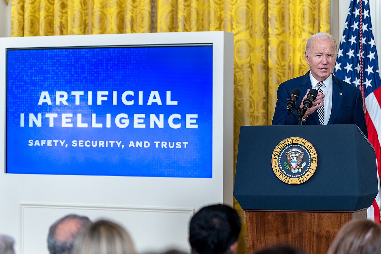 President Joe Biden speaking at the signing of the executive order on artificial intelligence, 30 October 2023