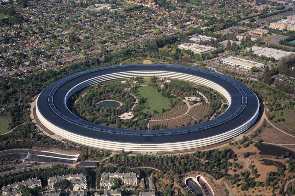Aerial view of Apple Park, Apple's ring-shaped headquarters in Cupertino, California