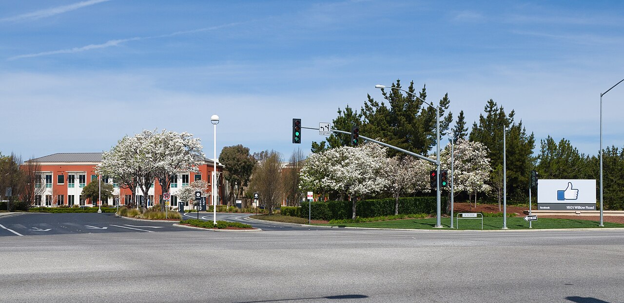 Entrance sign at Facebook's headquarters complex in Menlo Park, California