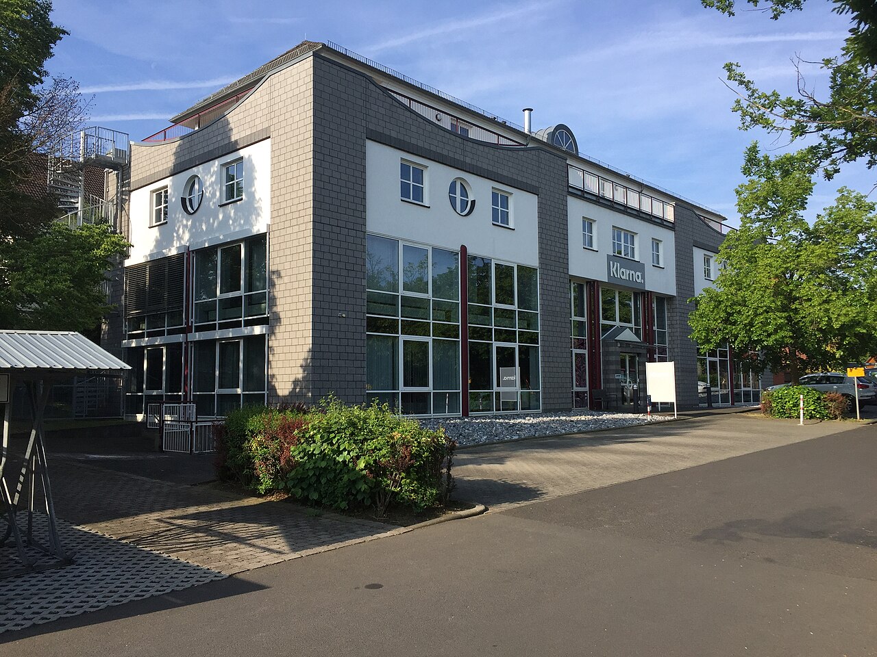 A Klarna office building in Linden, Germany, with the company's sign above the entrance