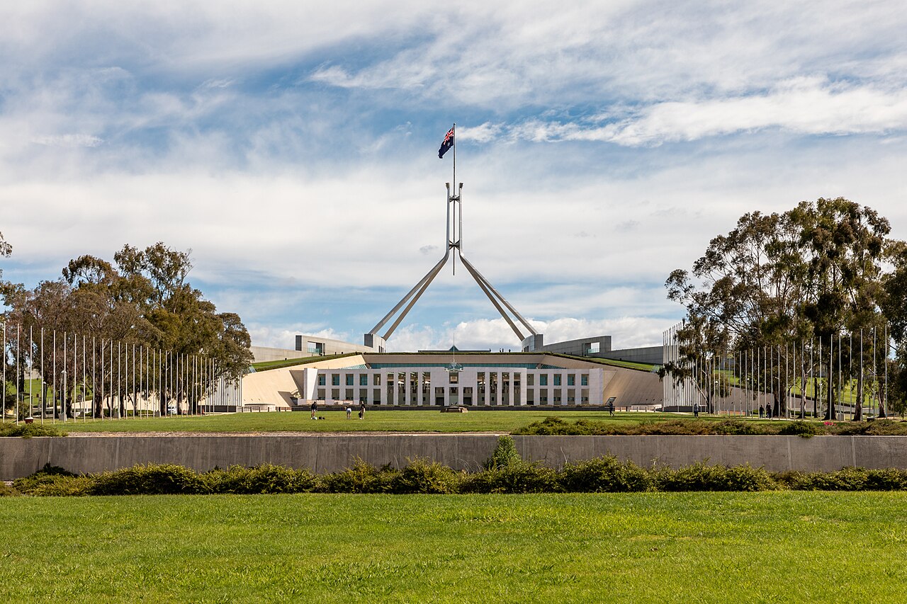 The facade of Parliament House in Canberra, Australia