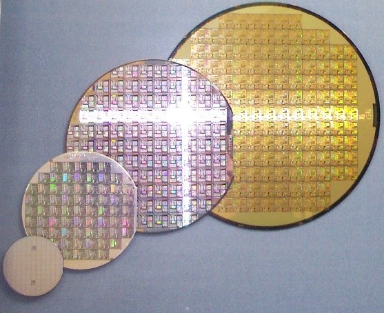 Silicon wafers of different diameters, from two to eight inches