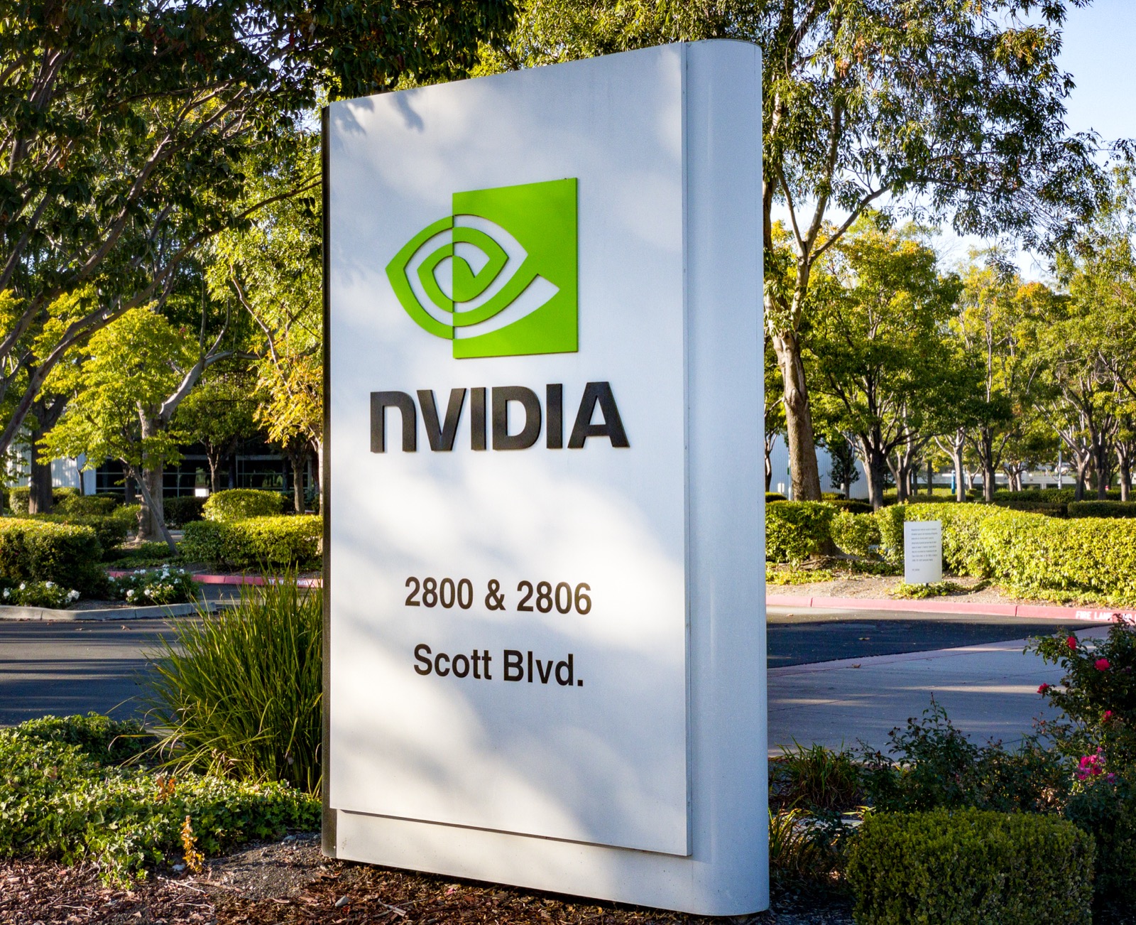 The Nvidia sign outside its headquarters campus on Scott Boulevard, Santa Clara, California